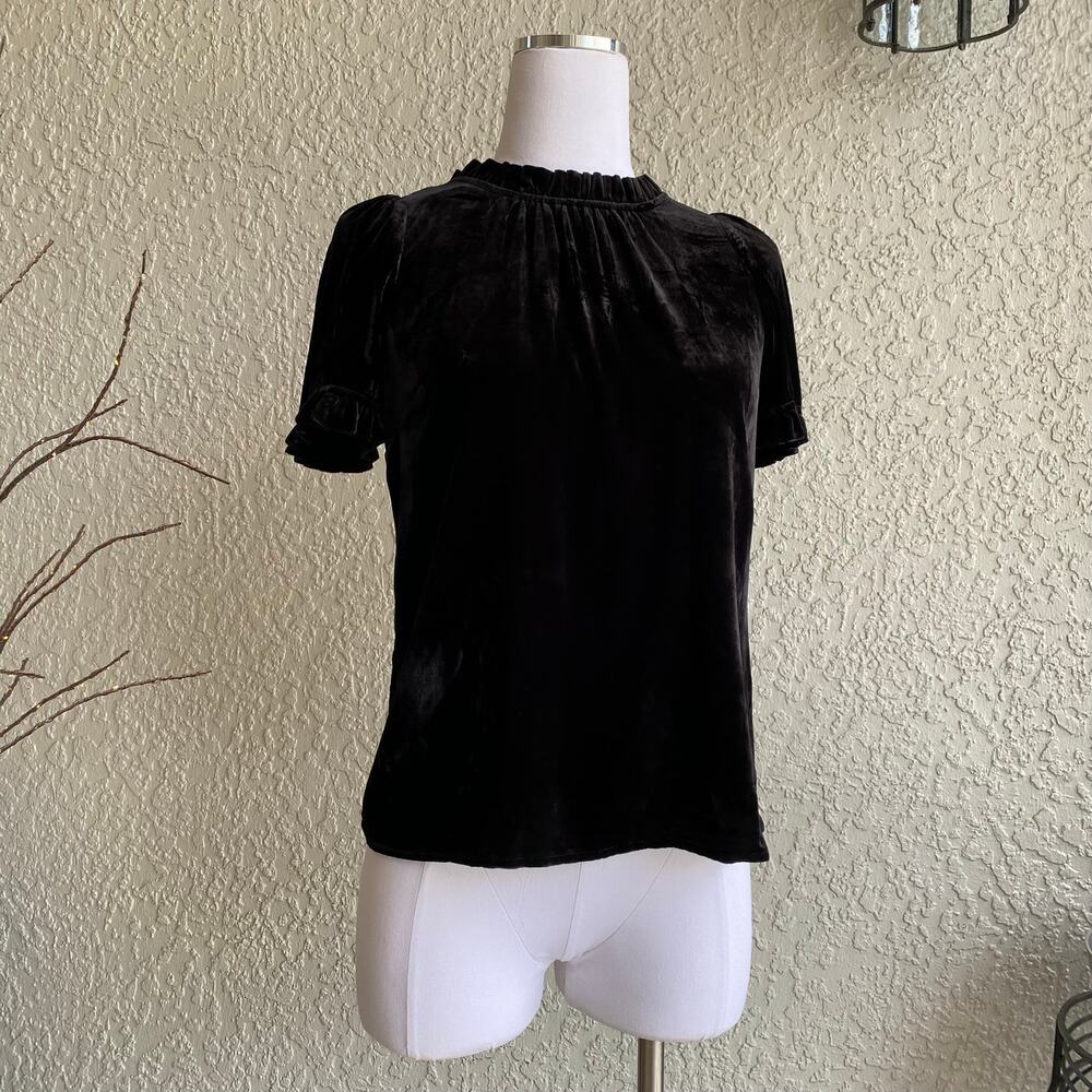 Talbots Velvet High Neck Blouse Puff Sleeve Mock Neck Frilly Trim Black Petite - Picture 3 of 8